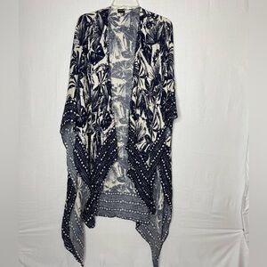 Saachi Woodblock Duster Navy Tropical High Low Kimono Beachy Summer Vacation